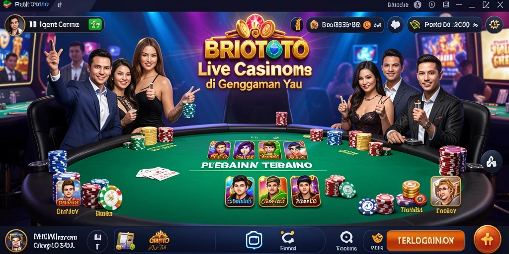 Screenshot gameplay BRIOTOTO yang menunjukkan dealer live dan interaksi pemain.