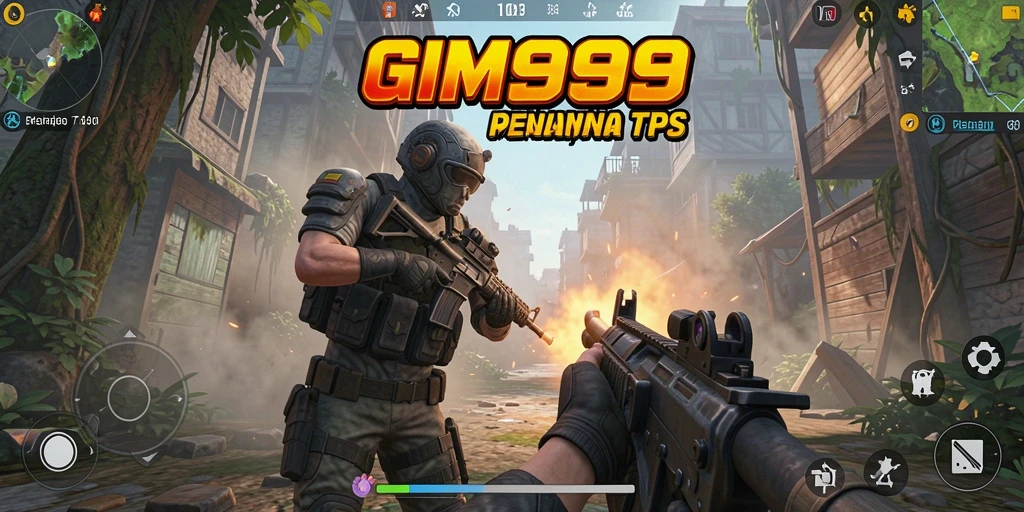 Screenshot GIM999 menampilkan aksi tembak-menembak intens di lokasi yang menakjubkan.