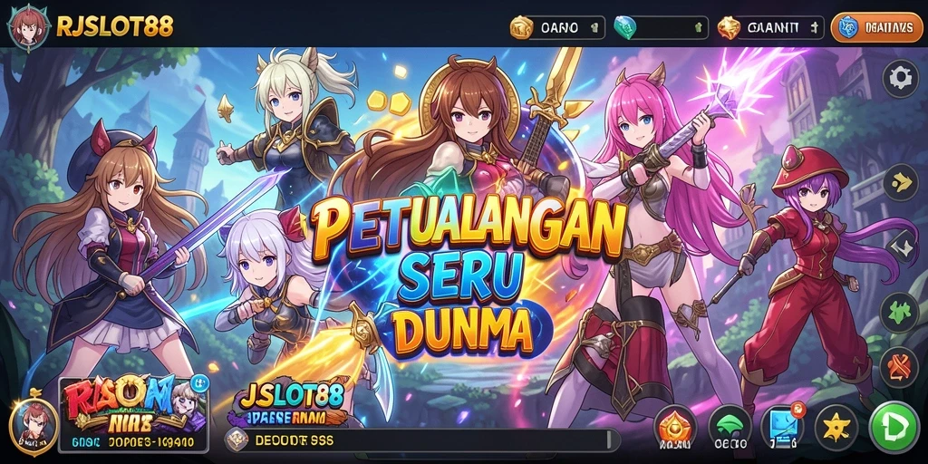 Tampilan gameplay RJSLOT88 yang penuh warna dan karakter Anime.