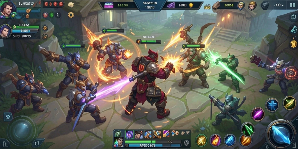Tangkapan layar gameplay MOBA yang dinamis dan penuh aksi.